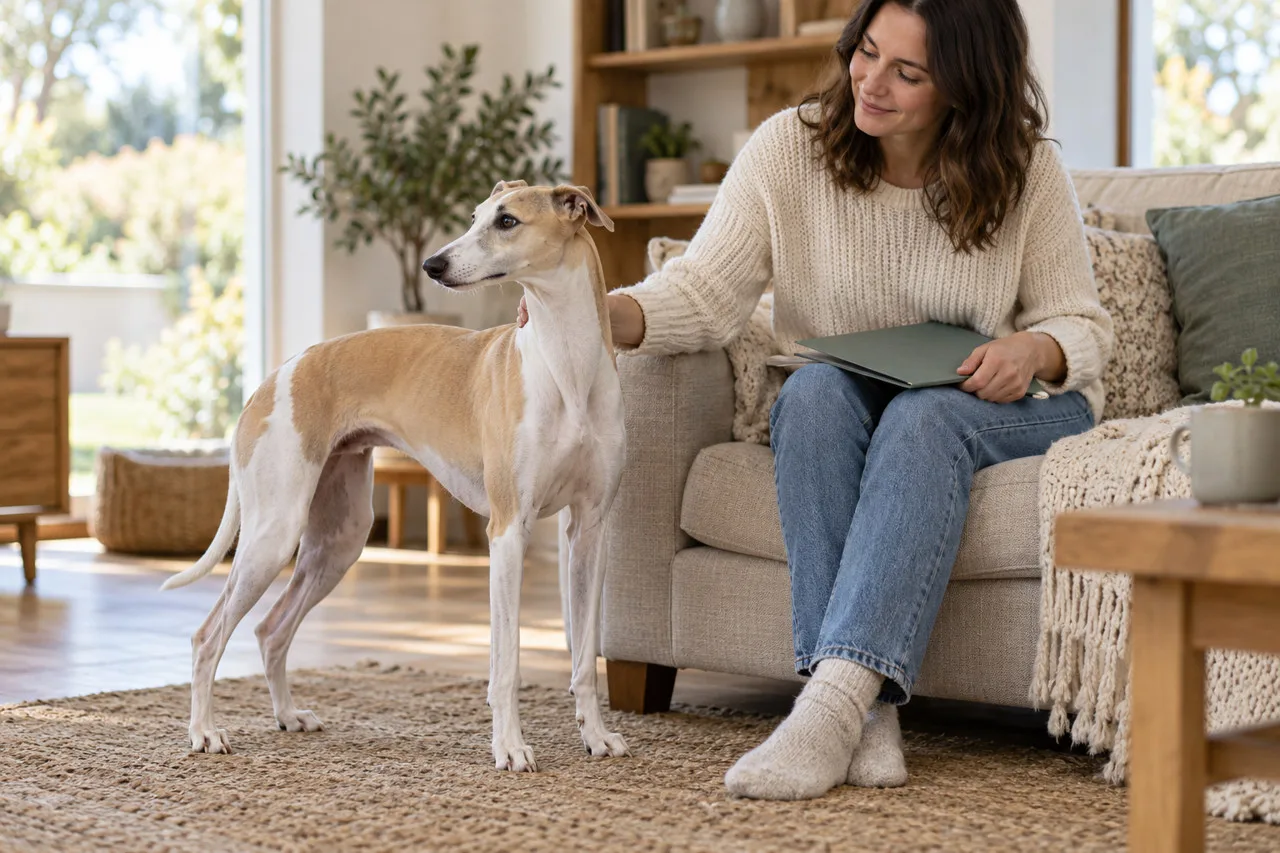 Whippet standing beside its seated owner in a bright home